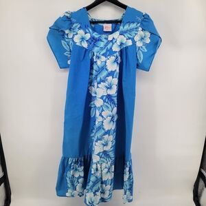 Kalena Fashions Hawaii USA Blue Hisbiscus Print Floral Dress Pullover Size Smal
